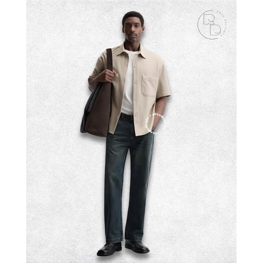 ZARA MAN Shirt Pria Original - Size M | Kemeja Klasik Lengan Pendek Warna Beige