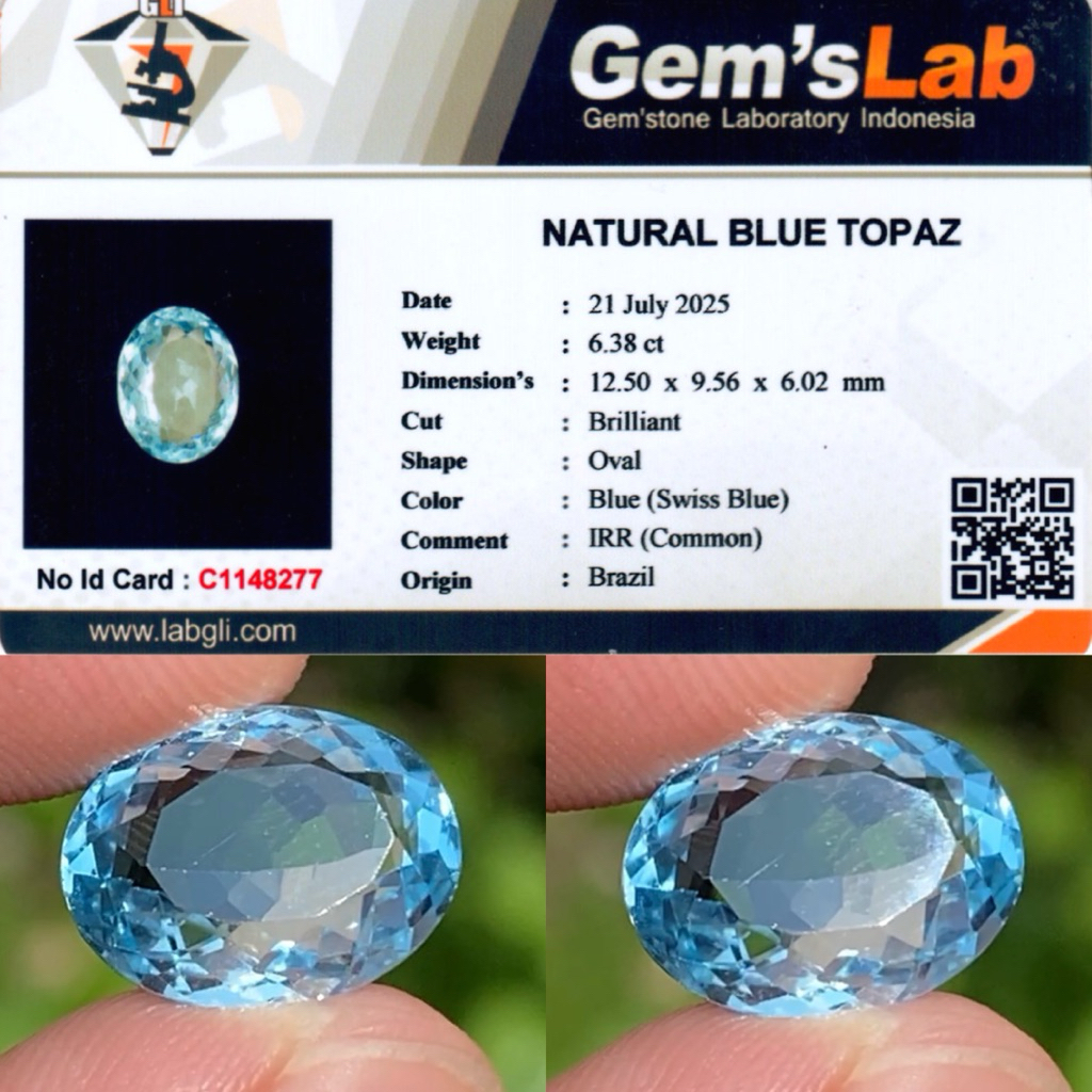6,38 cts Natural Swiss Blue Topaz origin Brazil IRR Memo GLI