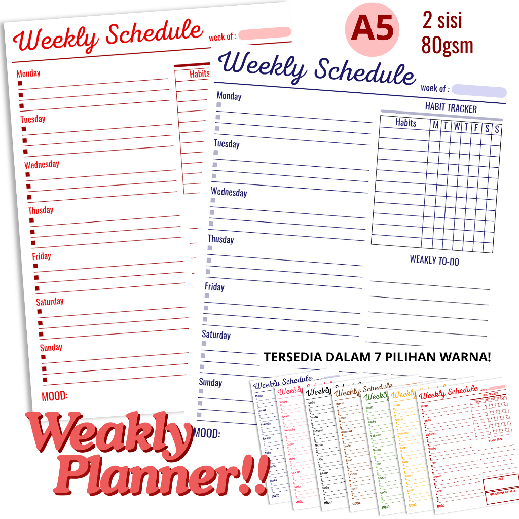 

(Papelrosie) Loose Leaf Planner A5 | Refill Isi Binder Weakly Schedule isi 20 Lembar Bolak-Balik | Hvs 80gsm