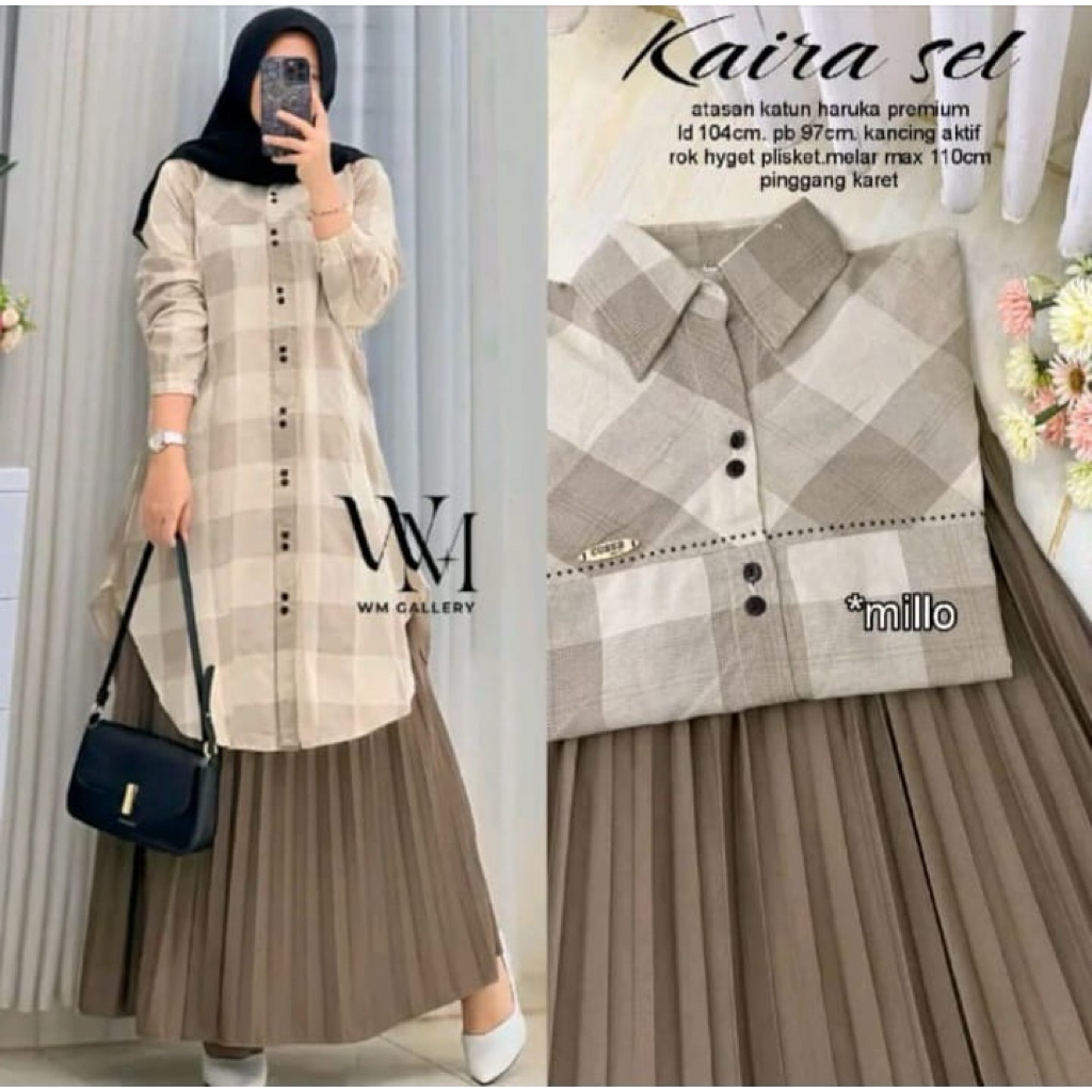 setelan rok tunik kaira set bahan katun haruka mix plisket ld 107cm rok 97 cm kancing busui aktip
