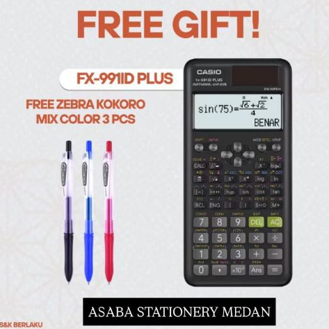 

ASABA STATIONERY-CASIO SCIENTIFIC CALCULATOR FX-991ID Plus FREE KOKORO GEL PEN 3 PCS- KALKULATOR ILMIAH/KALKULATOR SEKOLAH