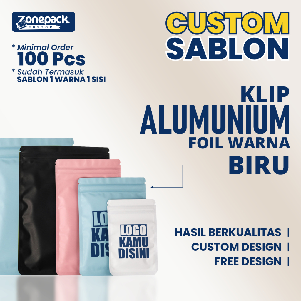 Sablon Plastik Klip Alumunium Foil Warna Biru | Ziplock Klip Metalized Foil | Kemasan Makanan Kopi