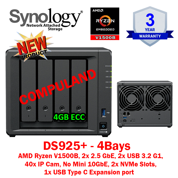 Synology NAS DS925 plus  4GB ECC -  4Bay, AMD Ryzen V1500B 4C/8T, 2x 2.5GbE, 2x USB 3.2 G1, 2x NVMe 