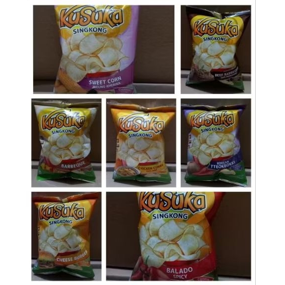 

Kusuka kripik singkong 15g Tteokbokki, barbeque, balado spicy, beef bbf, chicken curry, cheese burger, sweet corn