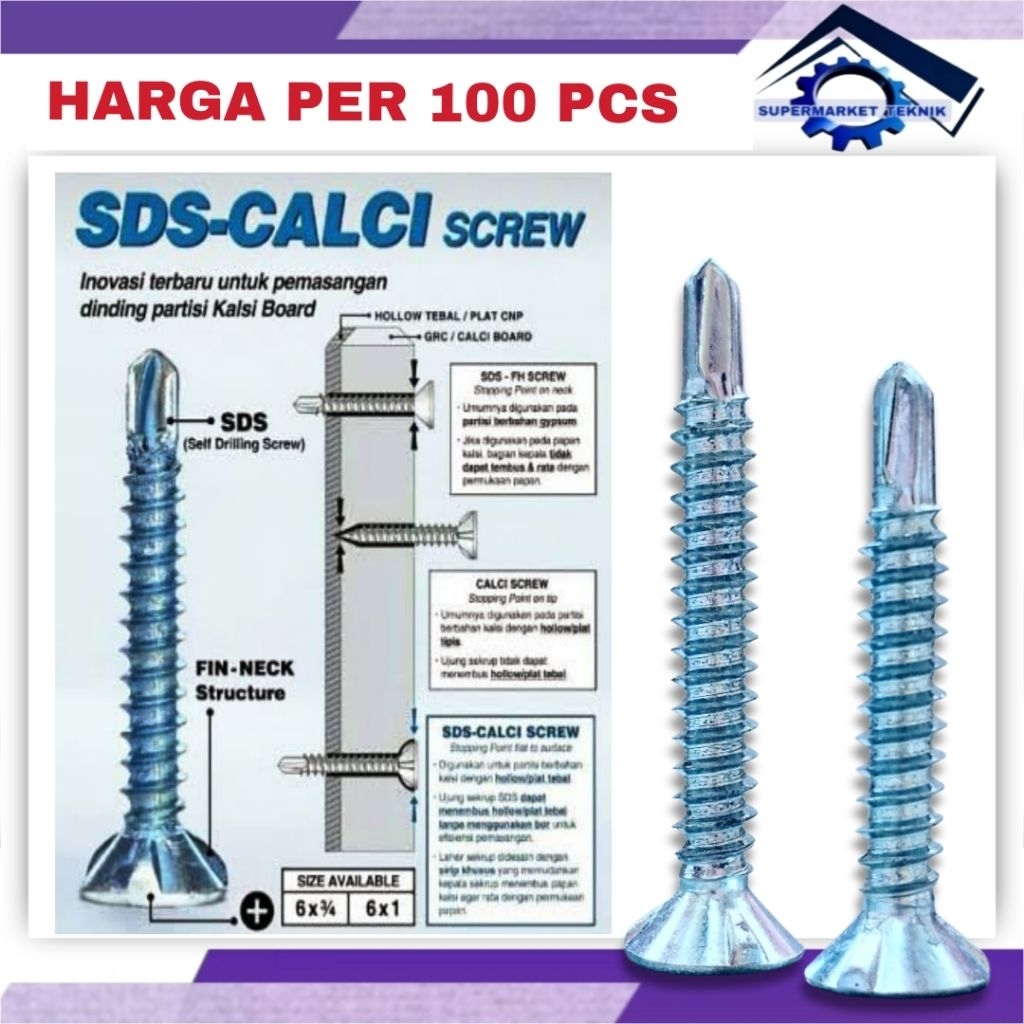 100 PCS Sekrup Skrup Sds Calci Screw (6x25) (6x30) Inch Sekrup Skrup Sds Calci Kalsiboard Atap Kalsi