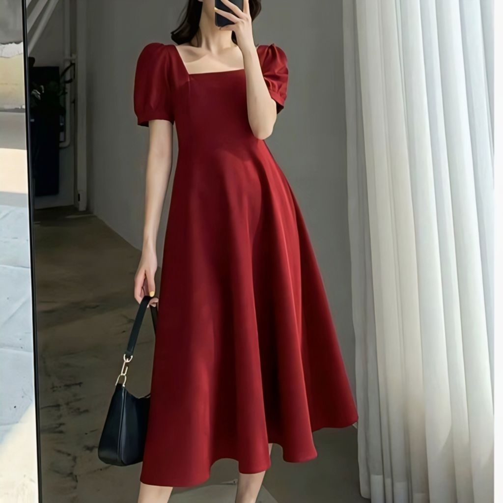 LEEA Puffy Sleeves A Line Midi Dress Square Neck - Dress Wanita Elegan Panjang Lengan Balon Korean S