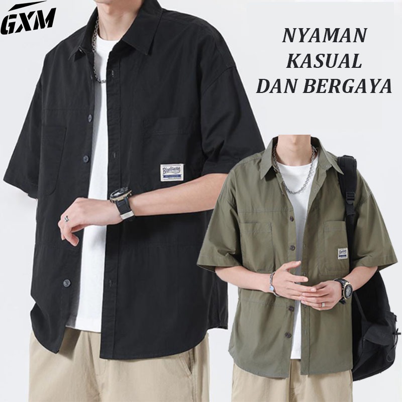 casual pria murah kemeja panel pria  Kemeja pria Lengan Pendek oversize hijau kemeja hitam style Kem