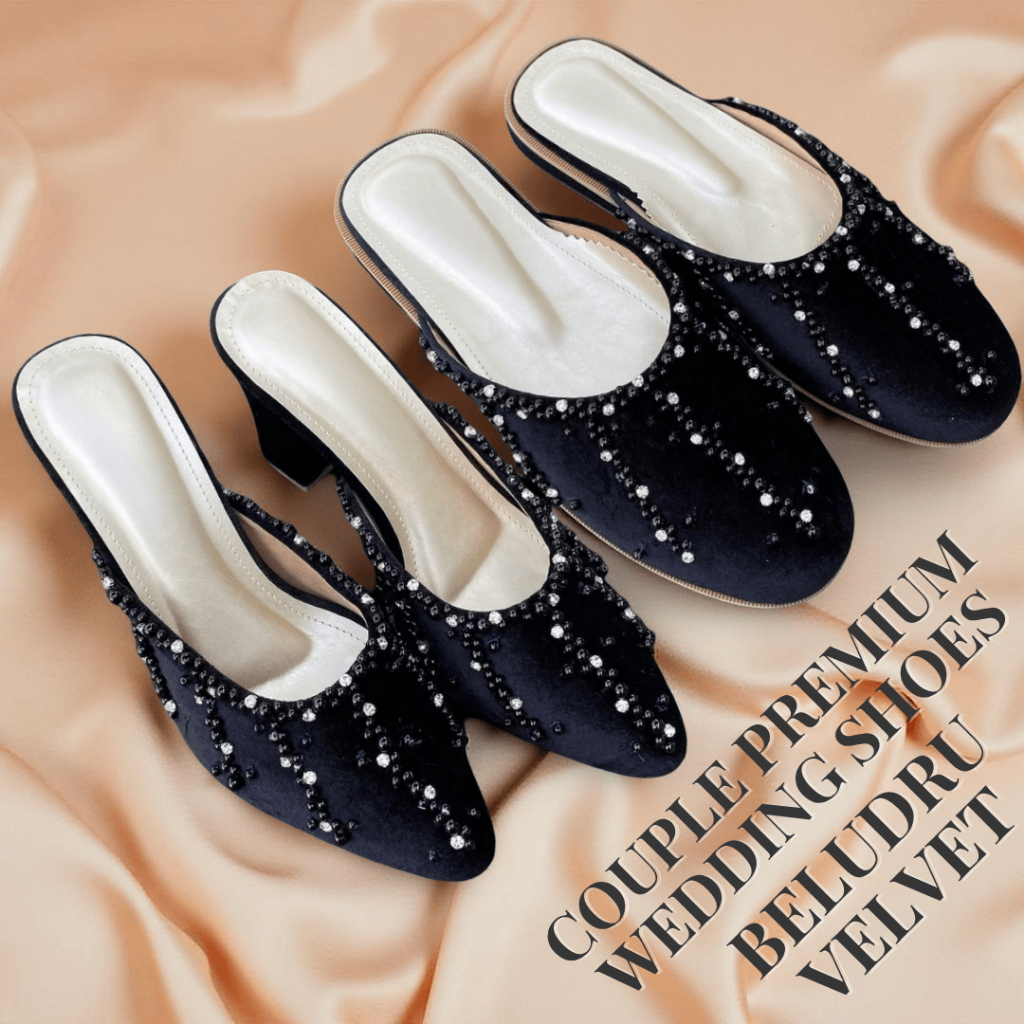 COUPLE PREMIUM Sepatu Pengantin Pasangan Pria dan Wanita, Selop Nikah Beludru Motif Payet Wedding Sh