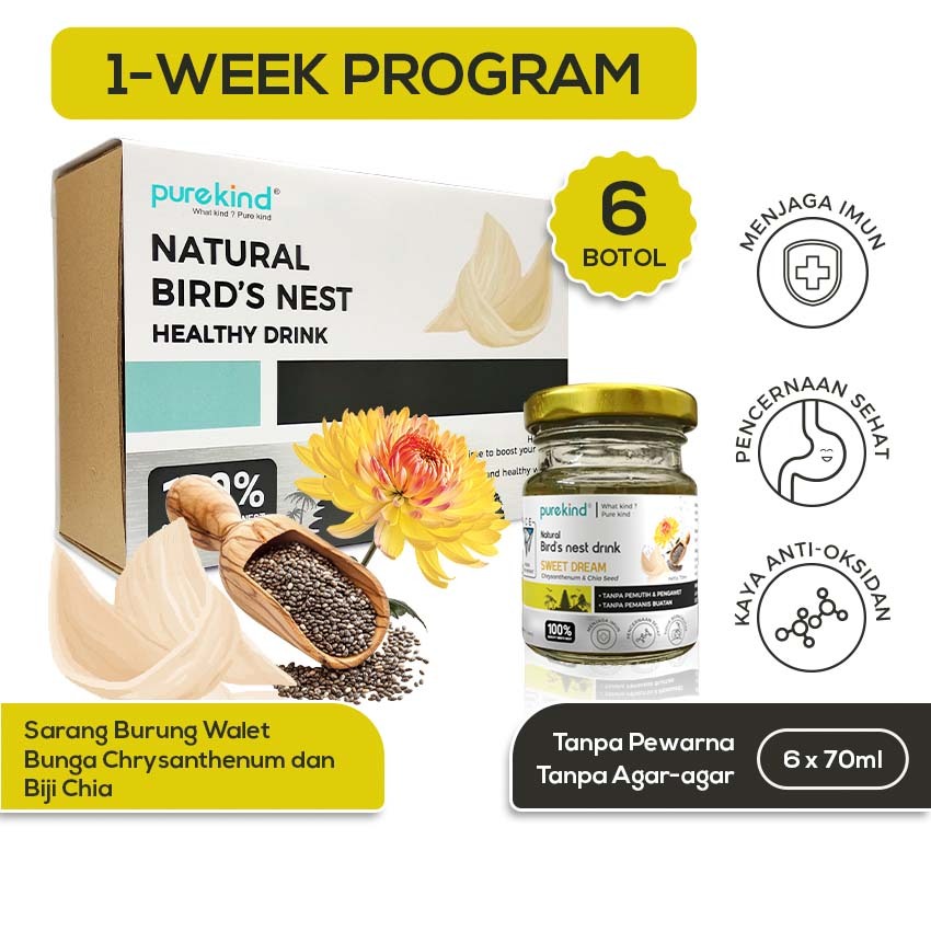 

Purekind | Minuman Sarang Burung Walet Bird's Nest Drink | Varian Sweet Dream dengan Tambahan Bunga Chrysanthenum dan Biji Chia | Menjaga Imun, Menjaga Pencernaan Sehat dan Kaya Anti-Oksidan | Tanpa Pewarna Pengawet Dan Pemanis Buatan