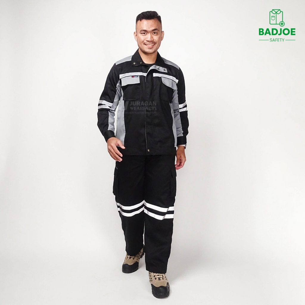 Wearpack Safety Setelan Atasan Warna Hitam Abu Bawahan Celana Hitam