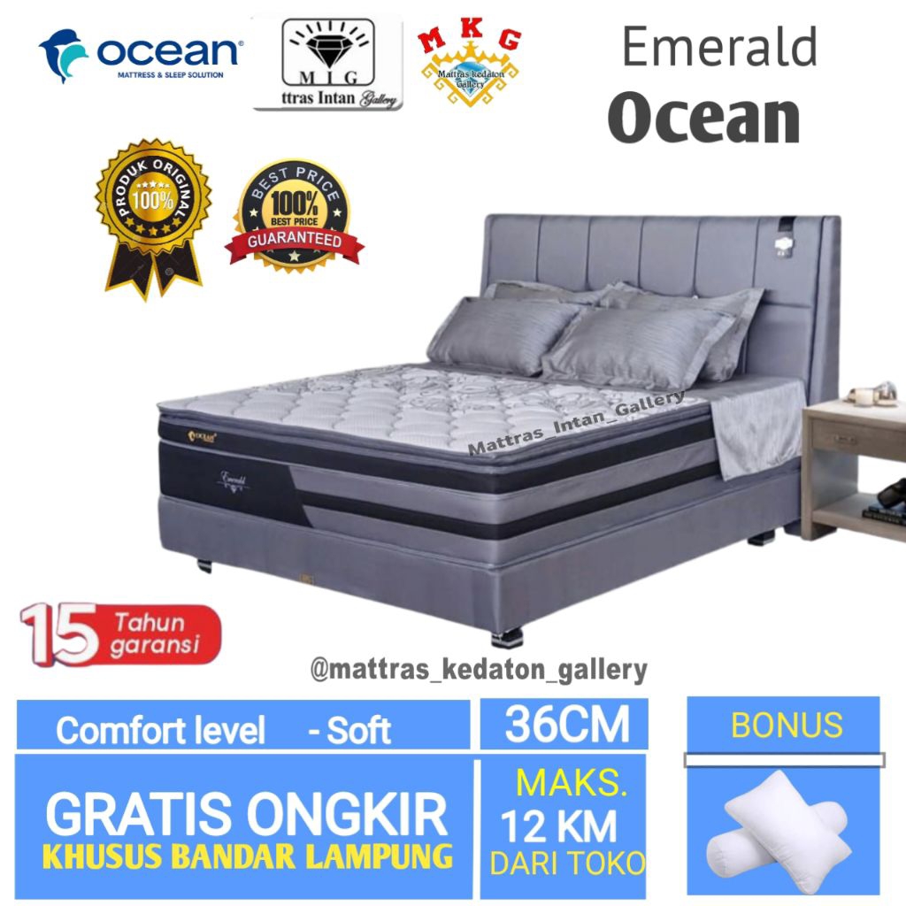 Kasur Ocean Springbed Emerald Full set Portable Pillow Top T36 Cm - kasur spring bed ocean Spring be