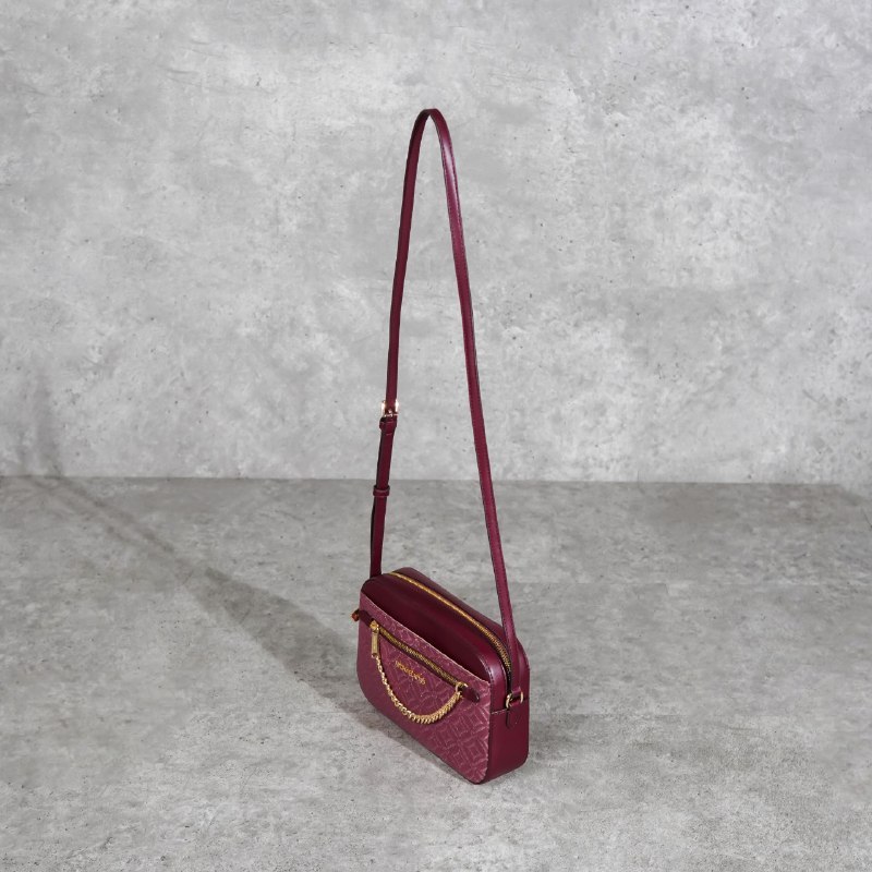 Tas MK PATTERN GOLD BURGUNDY CHAIN CAMERA BAG WITH LS 100% ORIGINAL