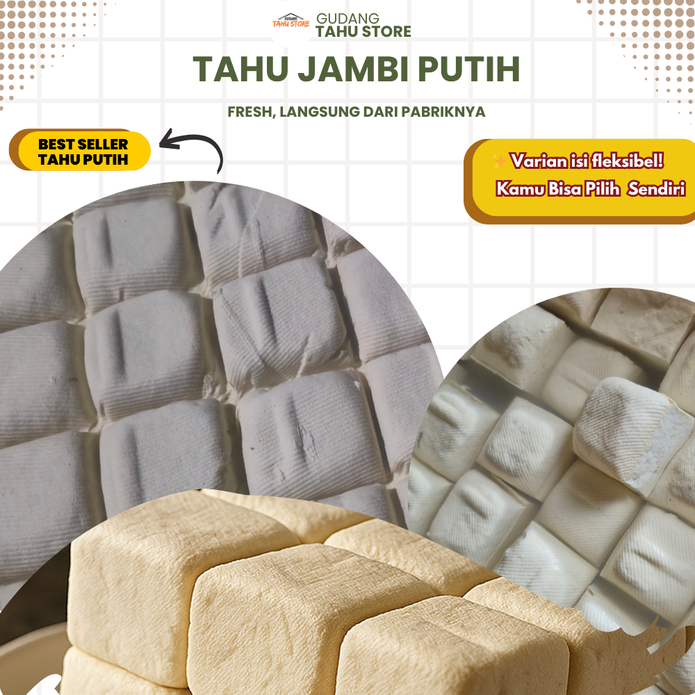 

Tahu Putih / Kuning Fresh – Isi 9 /12 pcs | Tahu Jambi Gurih & Siap Masak | Kirim Instan