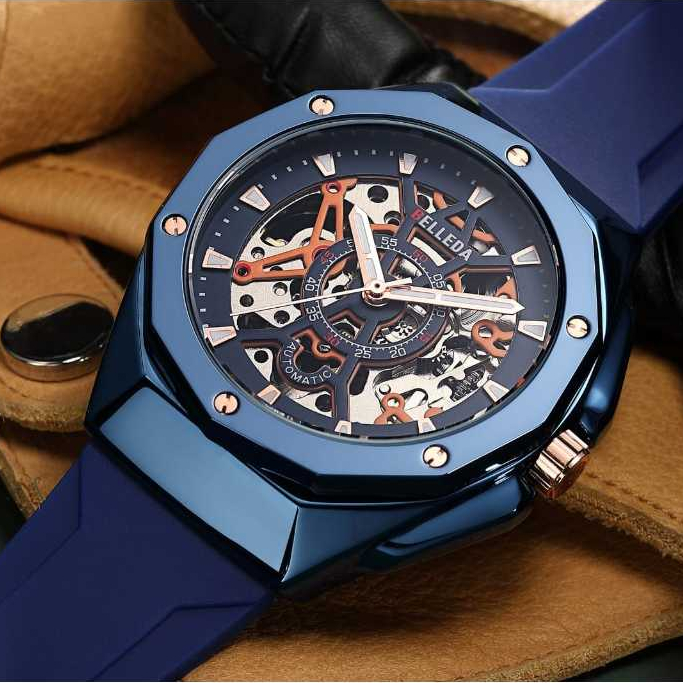 BELLEDA 9476 Jam Tangan Pria Otomatis Tanpa Baterai Tali Rubber Anti Air Original