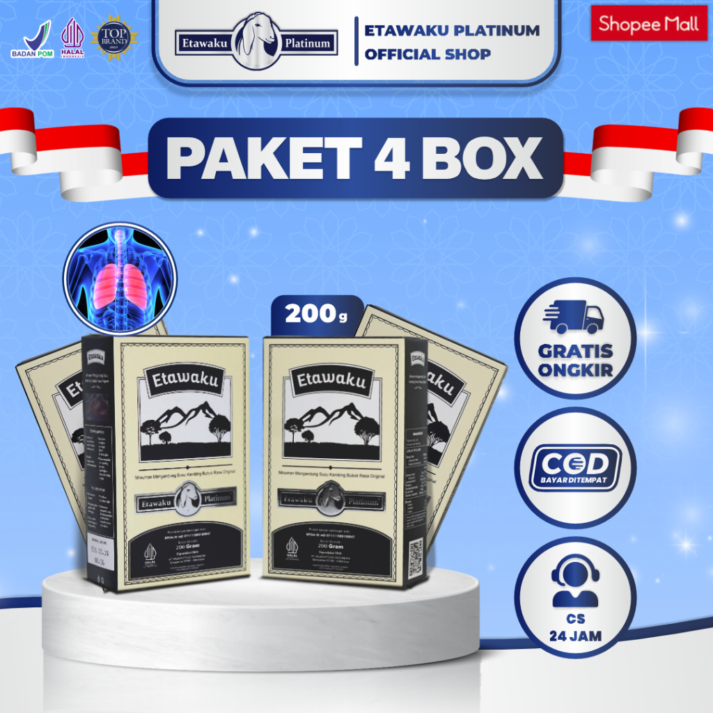 

Etawaku Platinum Paket 4 Box - Susu Kambing Etawa Murni + Krimer Bubuk yang Berkhasiat Tinggi Memiliki Kandungan Protein dan Vitamin Kompleks yang lengkap , melancarkan pencernaan serta Dapat Mengatasi Nyeri Persendian