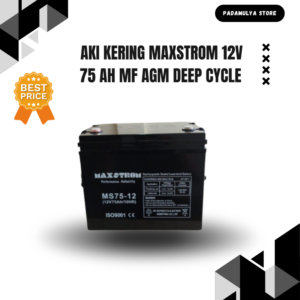 Aki Kering Maxstrom 12V 75Ah MF Agm Deep Cycle Battery VRLA Solar Panel Ups Genset