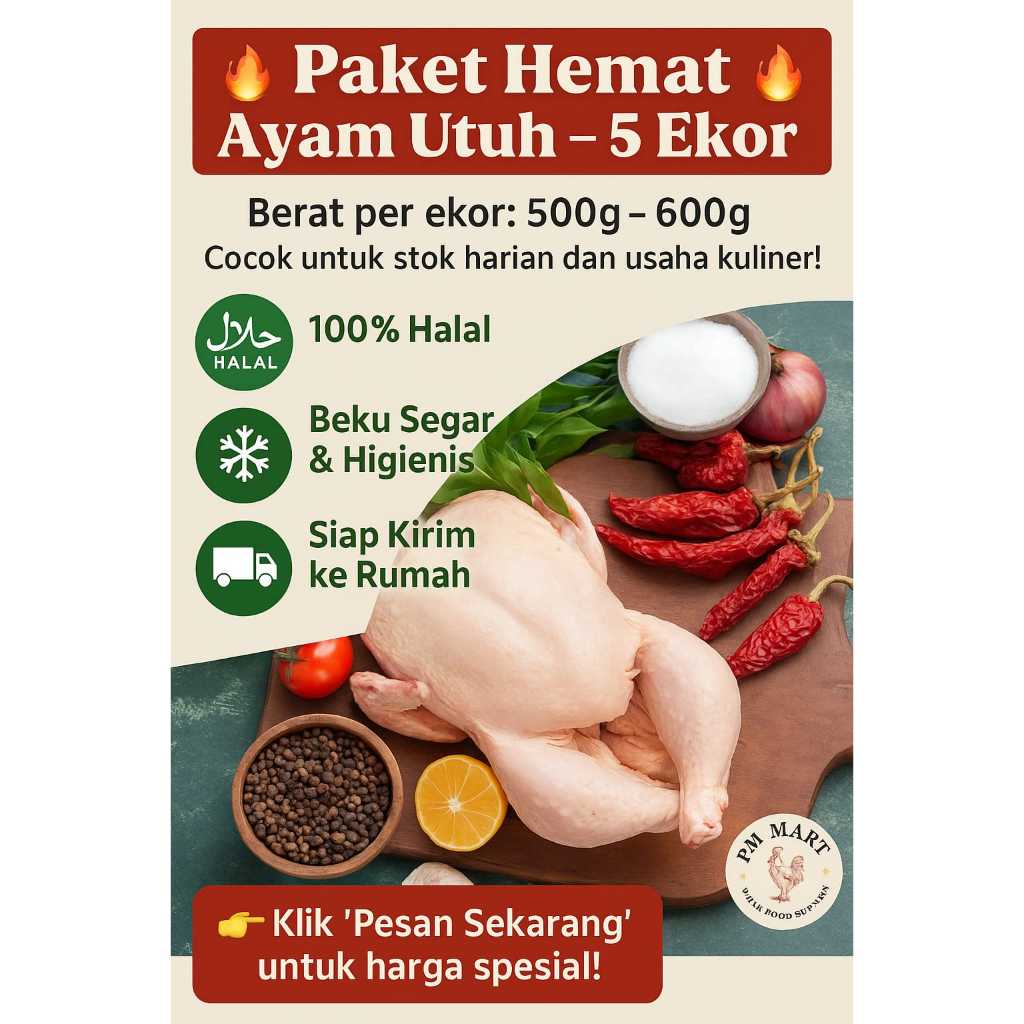 

paket hemat 10ekor ayam utuh ukuran 0,5/500gram siap masak murah bersih dan higienis