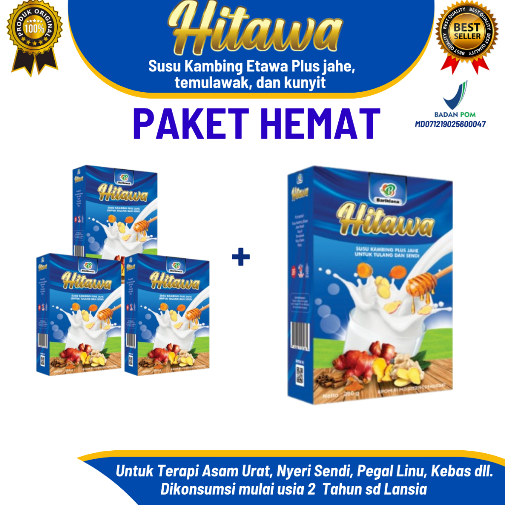 

[Paket] HITAWA 200gr – Susu Kambing Etawa Jahe Merah, Kunyit, Temulawak | Nyeri Sendi, Asam Urat