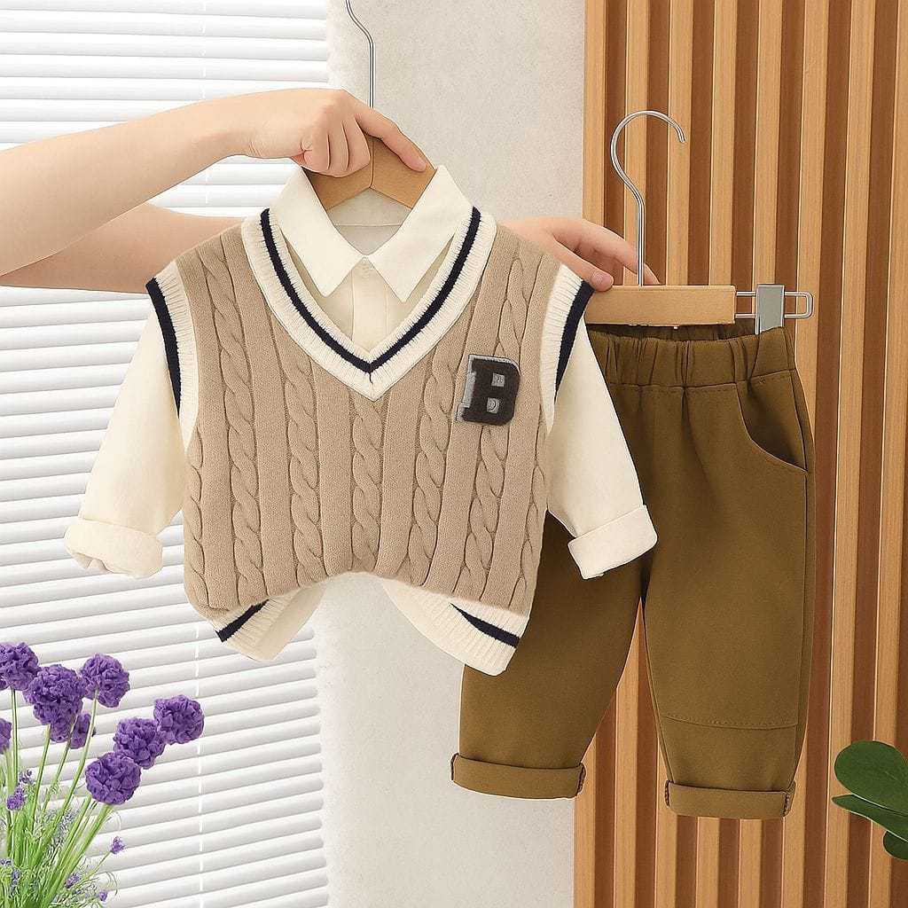 SETELAN 3IN1 KEMEJA ROMPI RAJUT TERBARU ANAK PEREMPUAN DAN LAKI-LAKI  MOTIF ROMPI RAJUT B USIA 6 BUL