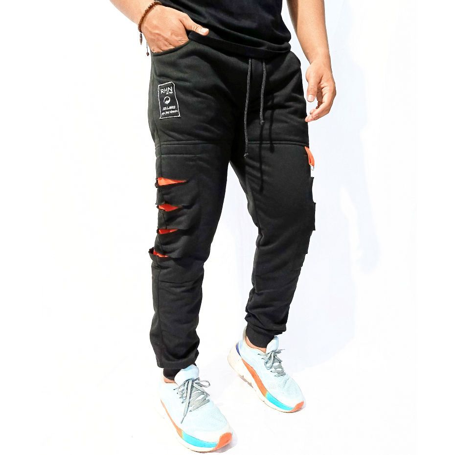Celana Jogger panjang pria wanita motif sobek kain fleece pinggang rib karet