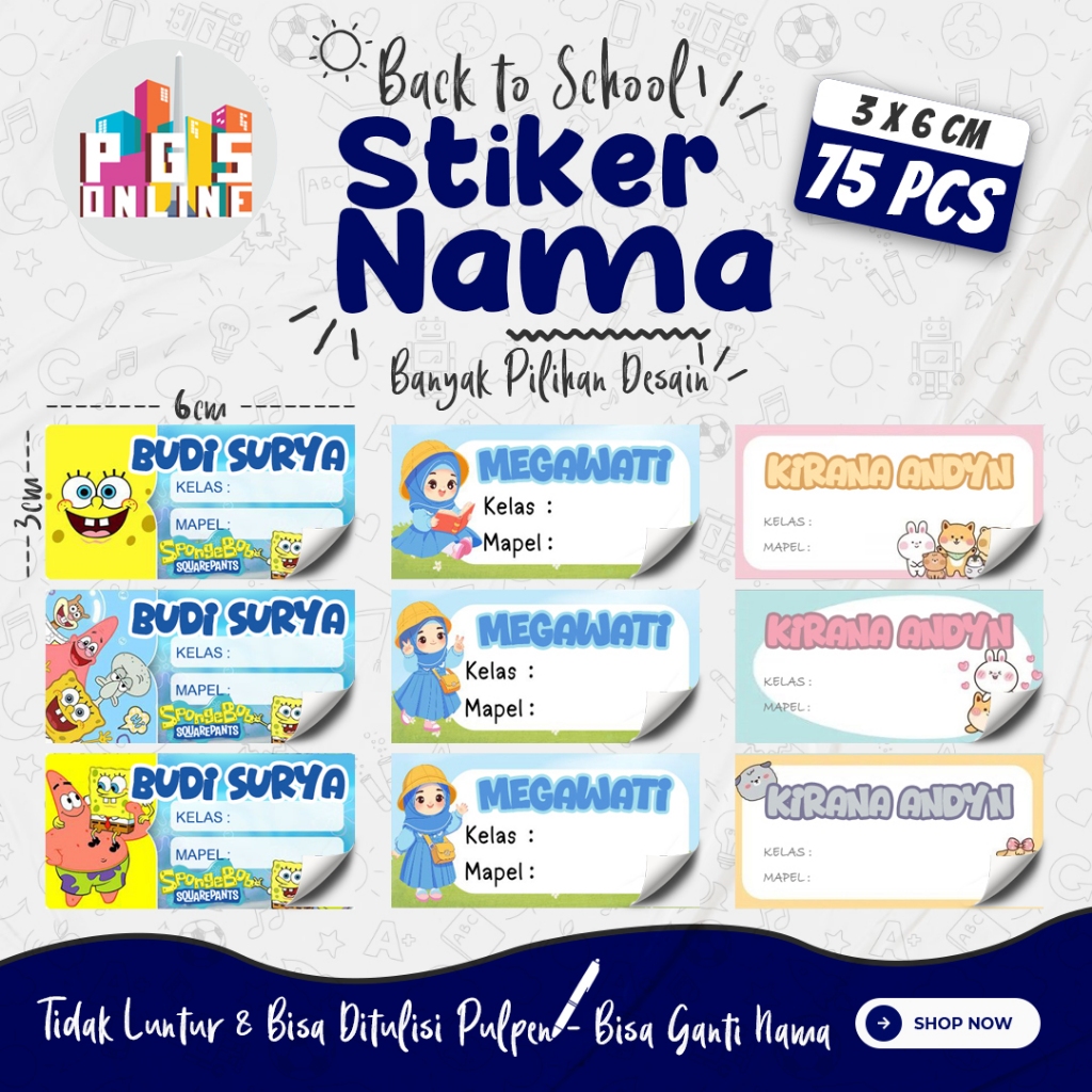

[75 PCS] 04B - STICKER NAMA BISA DITULISI PULPEN ukuran 3x6 cm / Stiker Buku Anak Mata Pelajaran Sekolah TK SD SMP / Note Book / Buku Paket / Buku Tulis