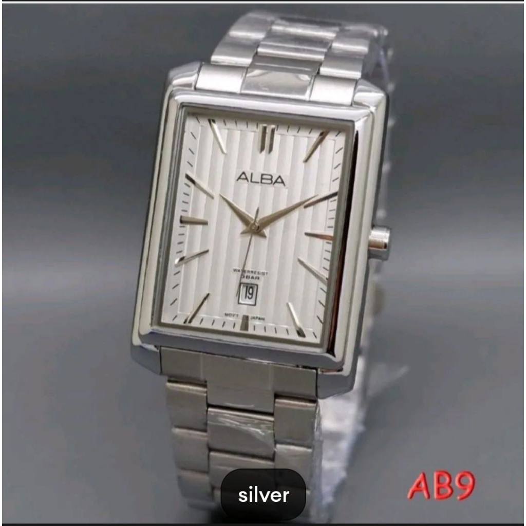 Jam Tangan Pria Alba Original persegi Bentuk kotak Tanggal aktif Rantai stainless steel Water resist