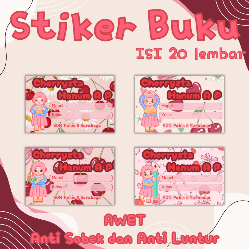 

Stiker Buku Mata Pelajaran Glossy Premium anti luntur dan sobek tema Cherry