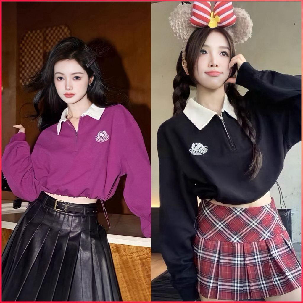 Pariroo Crop Polo Sweater Wanita Korea Style | Atasan Lengan Panjang Kerah Putih Cewek Kekinian | Ba