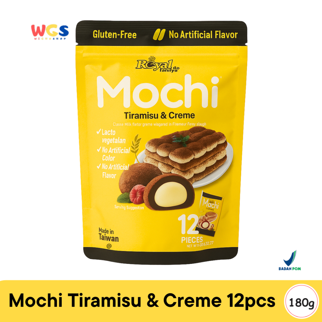 

Royal Family Mochi Tiramisu & Creme 12 pcs (180g) - Mochi Lacto Vegetarian Bebas Gluten & Pewarna