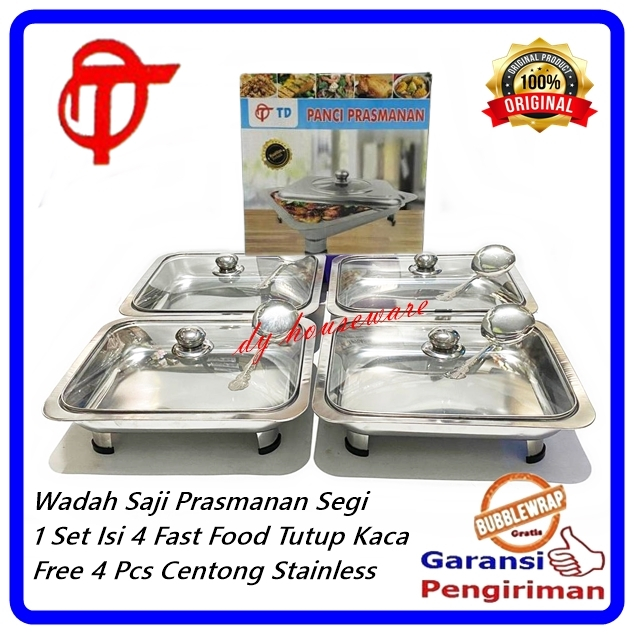 Wadah Saji Prasmanan Segi Stainless Set Tutup Kaca Transparan Set 4 Pcs FREE CENTONG STAINLESS OKO 5