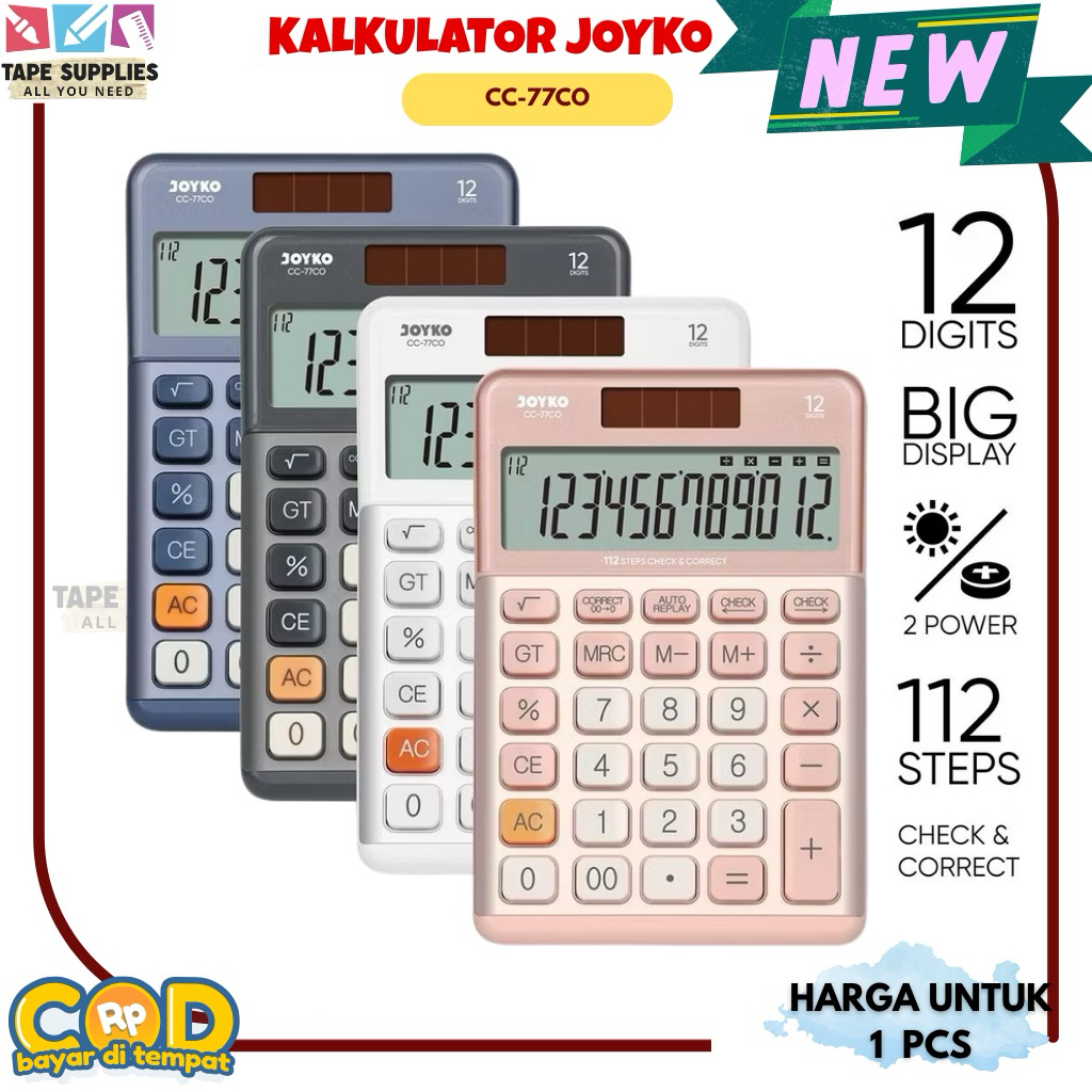 

Kalkulator Joyko CC‑77CO 12 Digit Color Aluminium Surface Dual Power Check & Correct