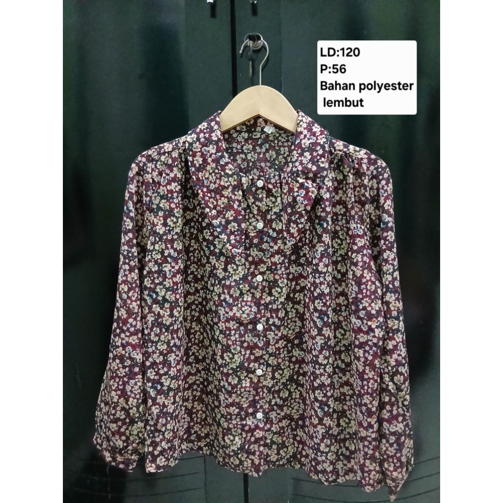 (COD)Atasan kemeja lengan panjang wanita oversize motif bunga-bunga warna maroon
