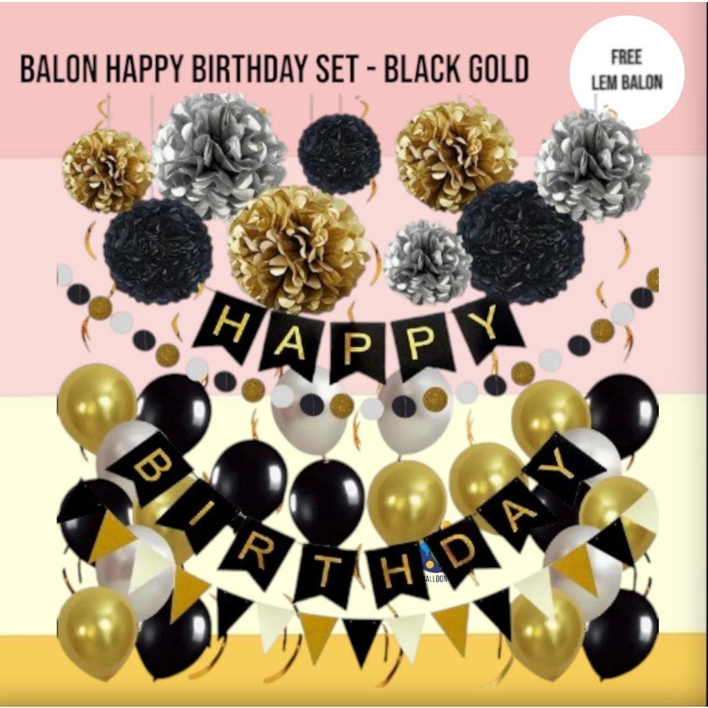 Paket Balon Black Gold Ulang Tahun  / Happy Birthday Set Decoration
