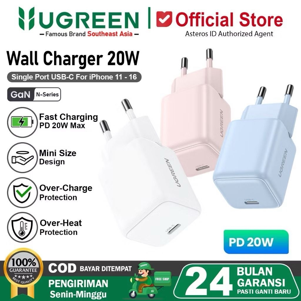 Ugreen Adaptor Kepala Charger 20W Iphone 11 12 13 14 15 16 Type C Fast charging Power Delivery