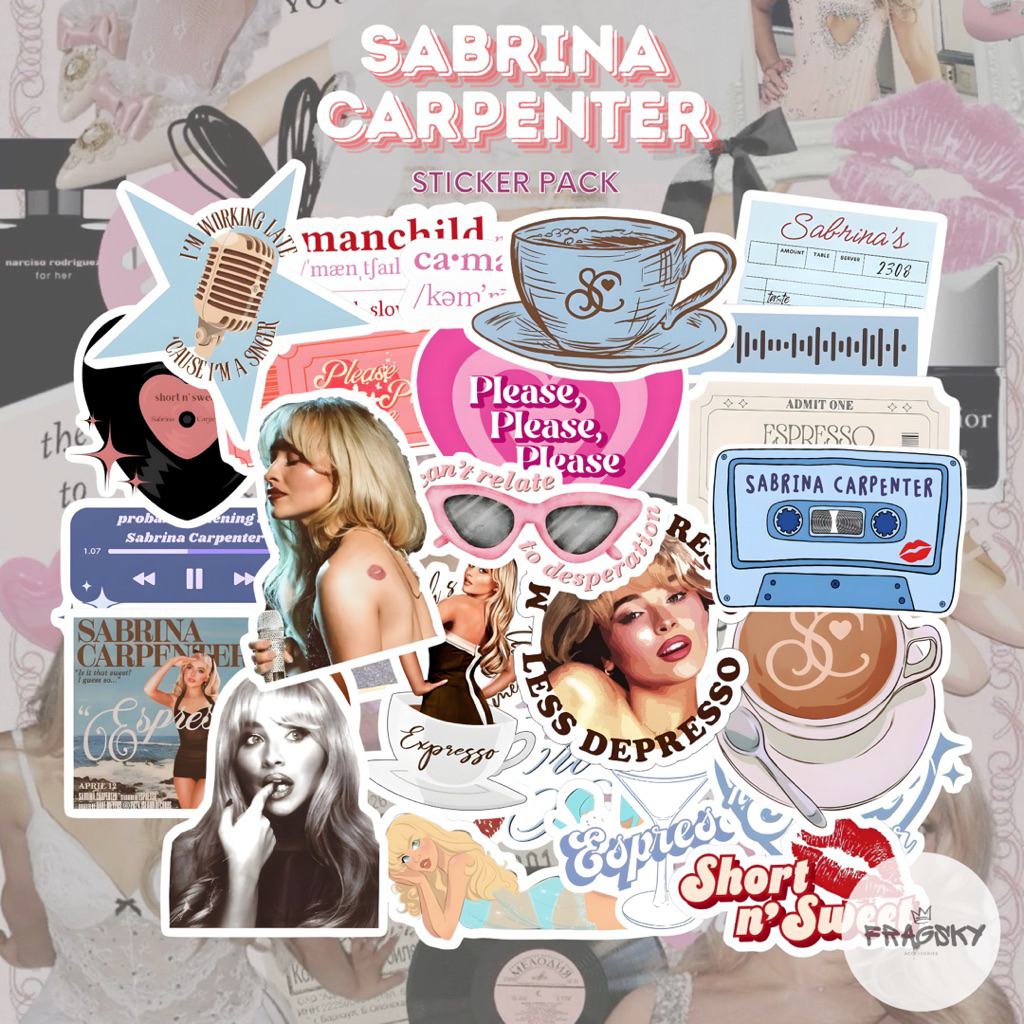 

Fragsky - 20&25 Pcs Sticker Spesial Artist Edition Sabrina Carpenter Series Pack | Stiker Premium Laminasi Doff & Glossy Kiss Cutting Anti Air Anti Luntur | Stiker Aesthetic Estetik Dekorasi HP Laptop Helm Motor Paper Stationery | Ukuran 2-4 & 3-5 cm