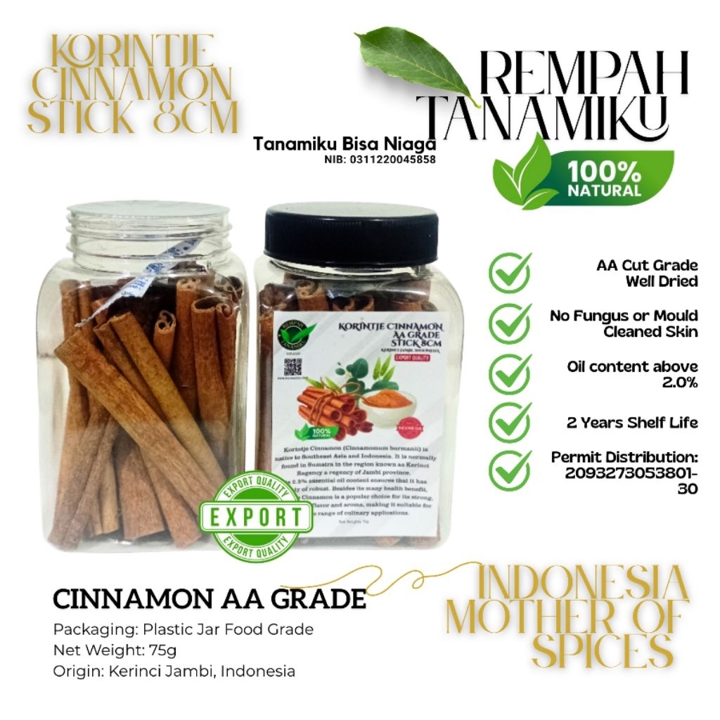 

Kayu Manis Korintje Grade AA Stick 8 cm Kering Korintje Cinnamon Stick 8 cm