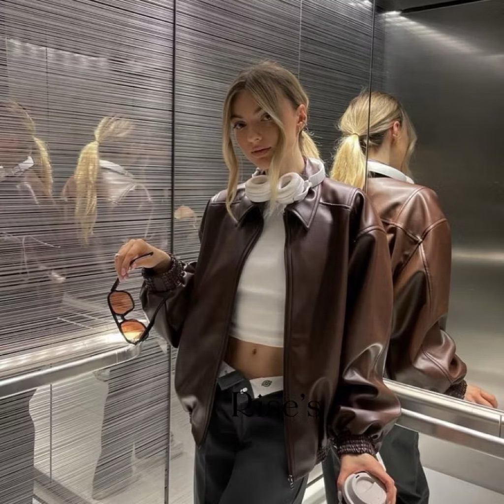 jaket kulit wanita Leather Jacket Y2K Brown leather jacket