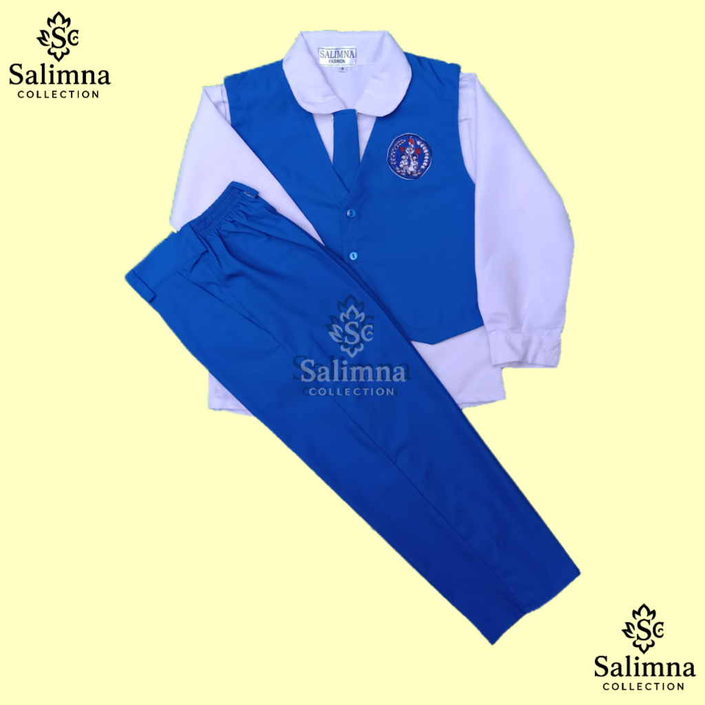 SERAGAM ANAK TK NASIONAL BIRU PUTIH LENGAN PANJANG Perempuan Krah Rebah