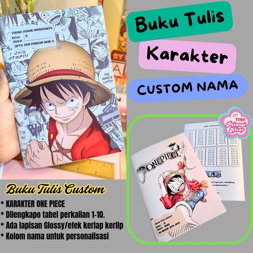 

Buku Tulis Custom Nama Eksklusif Tema Karakter Anime– Buku tulis Cover Karakter & Tabel Perkalian Belakang