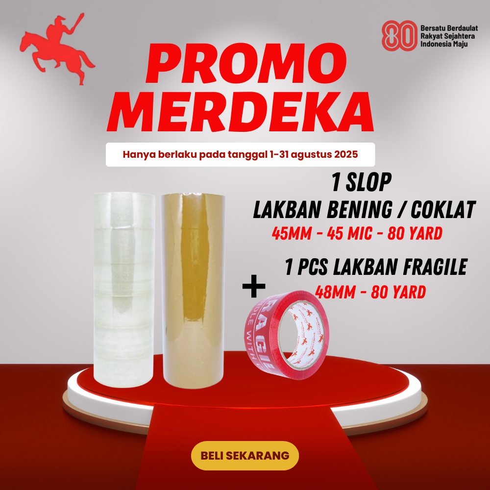 

PAKET LAKBAN HEMAT - 1 SLOP Lakban Coklat - Lakban Bening 45mm x 80 Yard Dan Fragile Merah 48mm x 80 Yard