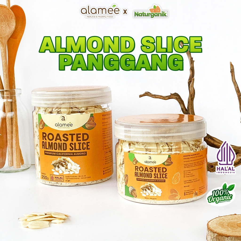 

ALAMEE Roasted Almond Sliced Almon Slice irisan panggang Kacang Almond Pacang Slice 250gr Naturganik
