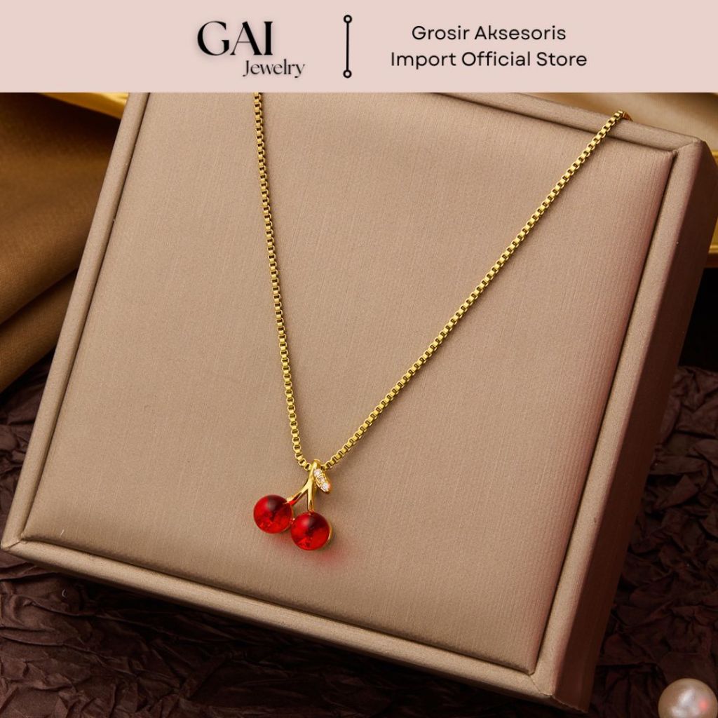 GAI • 16 | Kalung Buah Cherry Titanium Premium Lapis Emas 18KGP, Aksesoris Elegan Mewah