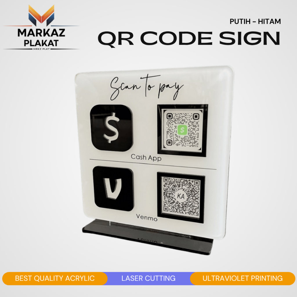 Akrilik QR Code Sign PUTIH - HITAM / Social Media Business Sign Acrylic  / QR Code Sign Akrilik