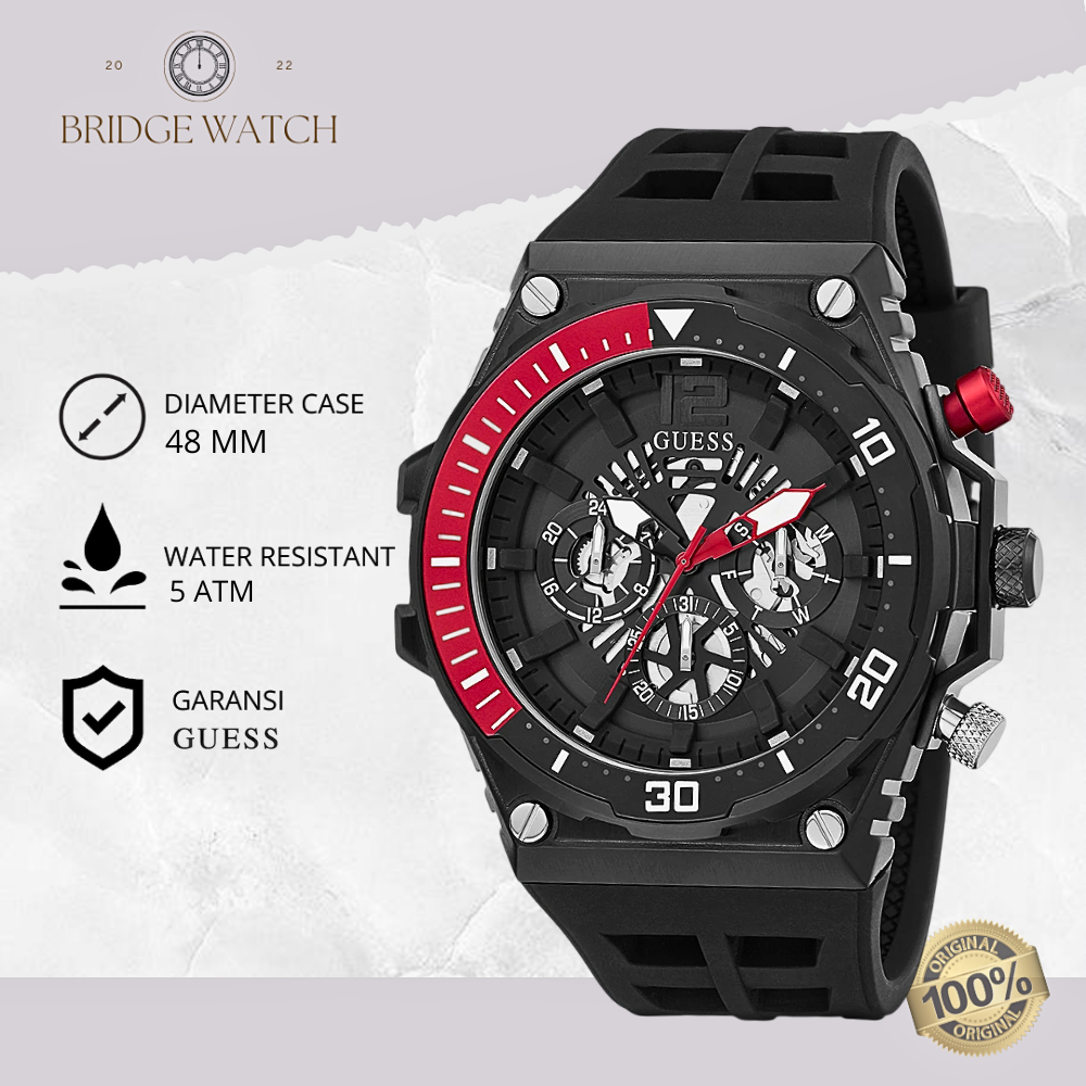 Jam Tangan Pria Guess GW0443G2 Gents Chronograph Black Rubber Strap Variasi Merah Red Case Sport Ori