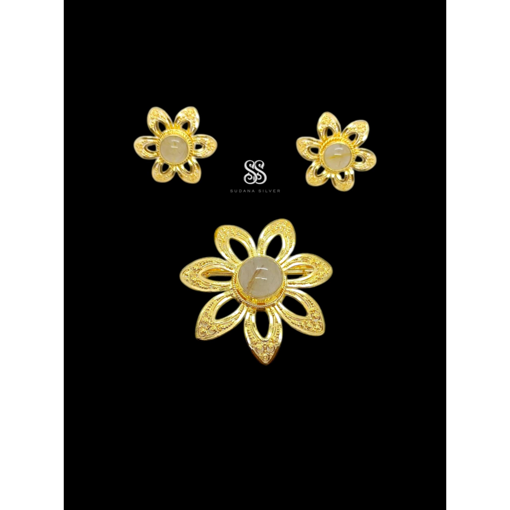Set Perhiasan Bros Perak Rambut Sedana Motif Bunga Silver 925 Gold Plated Handmade Bali