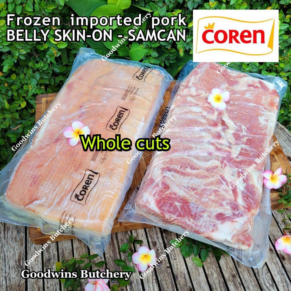 

Pork belly skin on import WHOLE CUT Spain Coren Denmark DanishCrown DanePork US Farmland Germany Goldschmaus perut samcan babi dengan kulit beku frozen UTUH