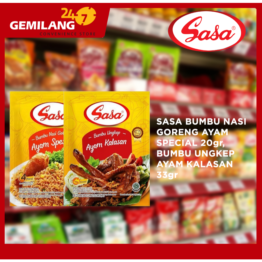

SASA BUMBU NASI GORENG AYAM SPECIAL 20gr, BUMBU UNGKEP AYAM KALASAN 33gr