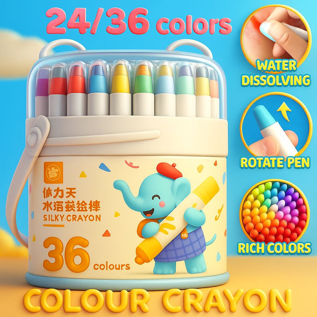 

COD Krayon Washable Silky Set 24/36/48 Warna | Wipe & Clean + Free Kuas | Alat Mewarnai Anak dalam Ember Warna-Warni – Tiny Tots