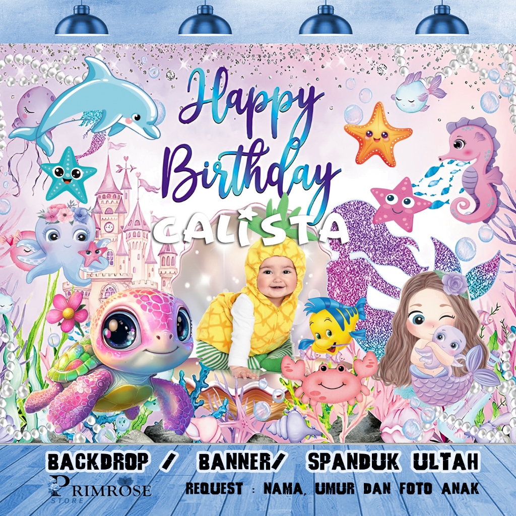 spanduk ulang tahun hewan laut undersea shark birthday mermaid nemo