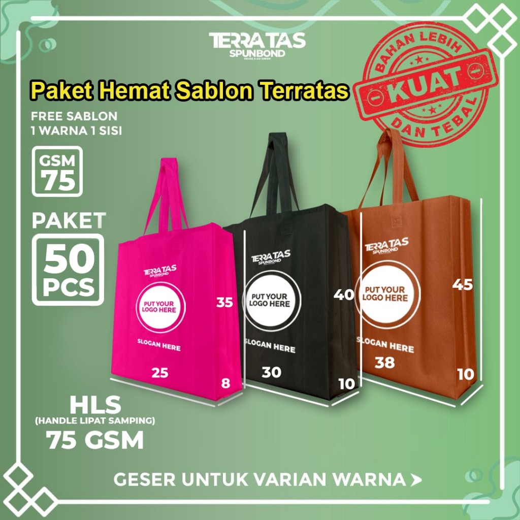 

Paket 50 Pcs Tas Spunbond + Sablon 75 GSm Goodie Bag Souvenir Hampers Handle Lipat Samping